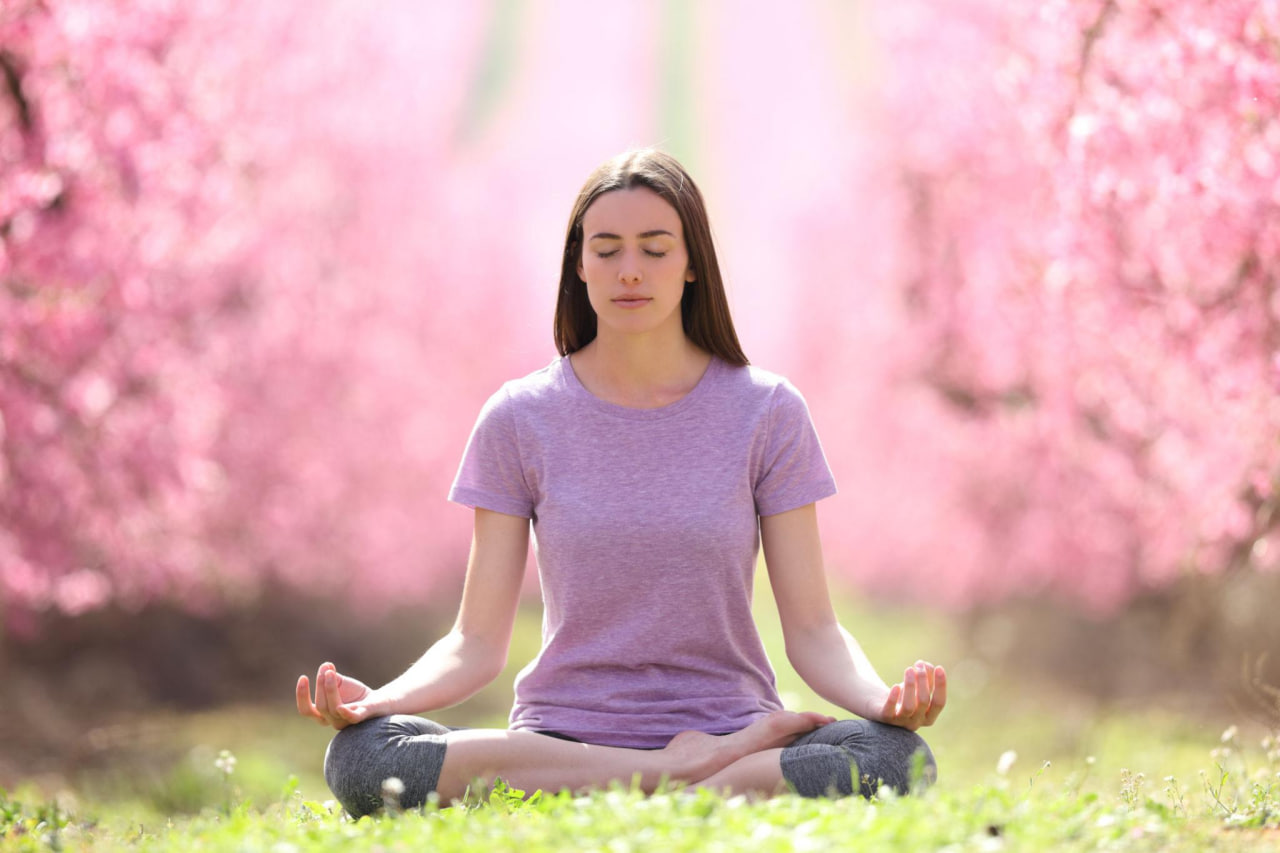 Soft floral wellness scene in powder pink and sakura tones