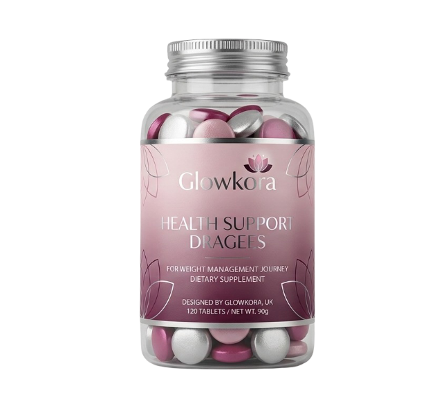 Glowkora food supplement jar with a soft sakura label